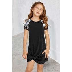 Black Leopard Striped Splicing Twist Knot Kids Dress