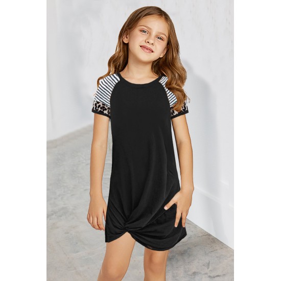 Black Leopard Striped Splicing Twist Knot Kids Dress