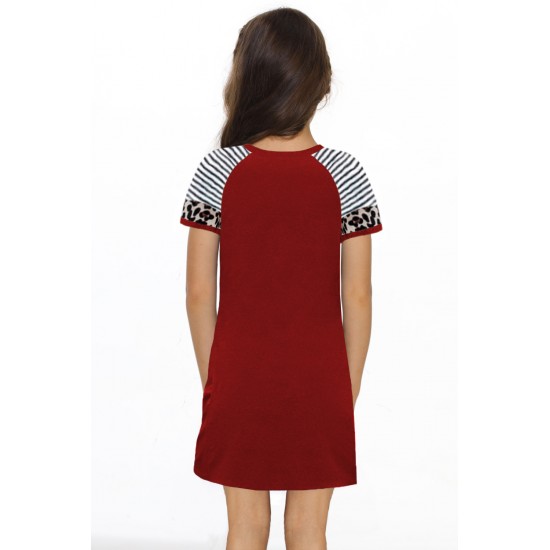 Red Leopard Striped Splicing Twist Knot Kids Dress