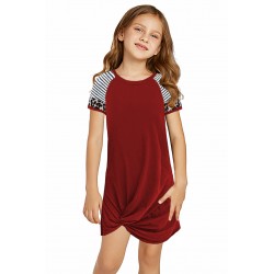 Red Leopard Striped Splicing Twist Knot Kids Dress