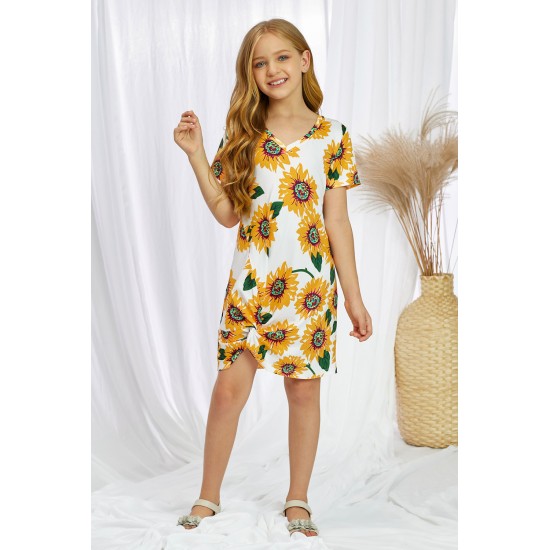 Sunflower Print Twist Knot V Neck Girl's Mini Dress