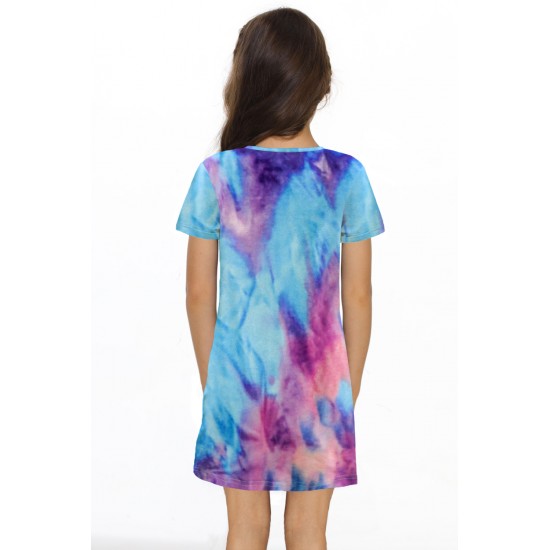 Tie-dye Print Twist Knot V Neck Girl’s Mini Dress