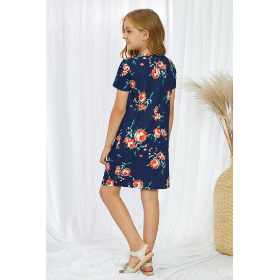 Blue Floral Print Twist Knot V Neck Girl's Mini Dress