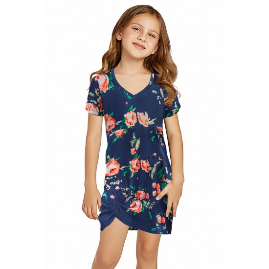 Blue Floral Print Twist Knot V Neck Girl's Mini Dress