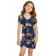 Blue Floral Print Twist Knot V Neck Girl's Mini Dress