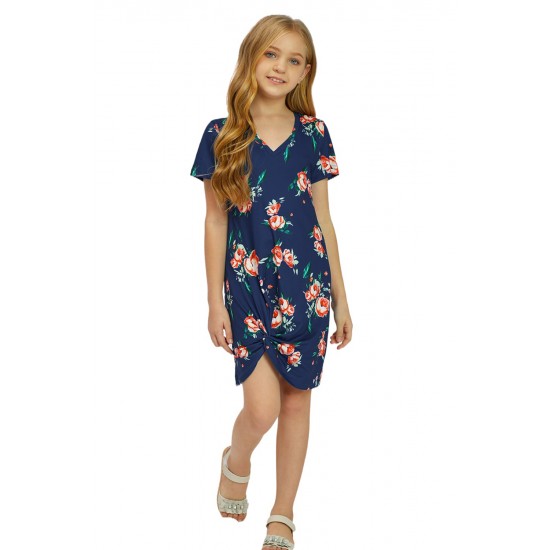 Blue Floral Print Twist Knot V Neck Girl's Mini Dress