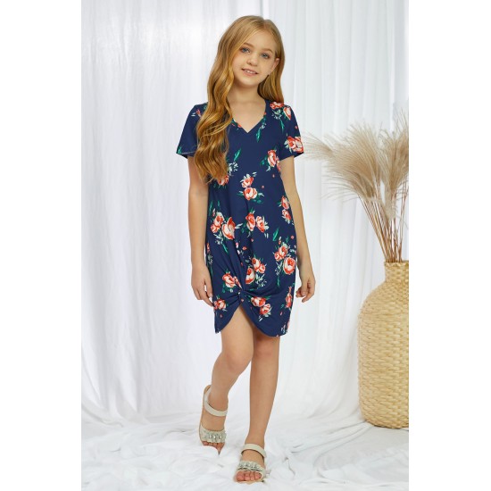 Blue Floral Print Twist Knot V Neck Girl's Mini Dress