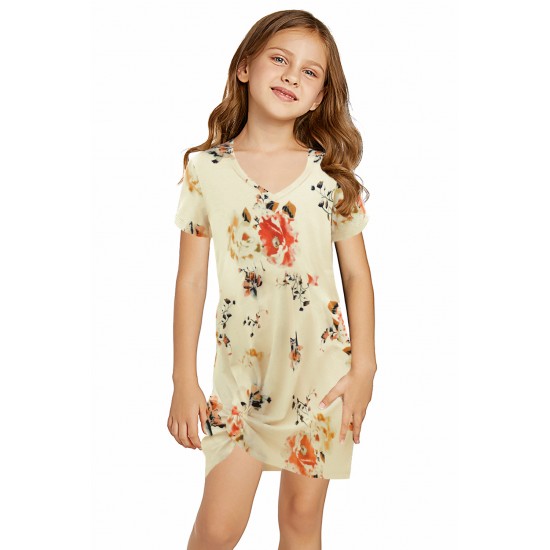 Yellow Floral Print Twist Knot V Neck Girl's Mini Dress