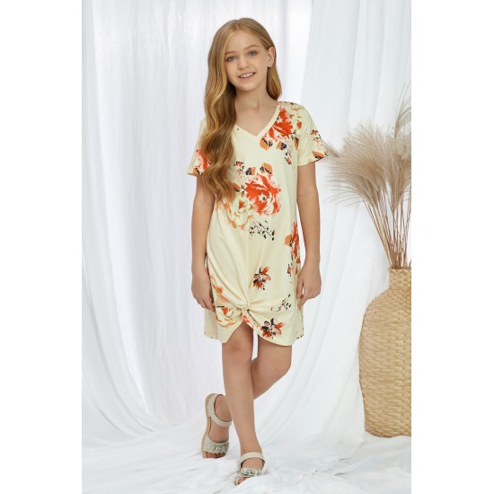 Yellow Floral Print Twist Knot V Neck Girl's Mini Dress