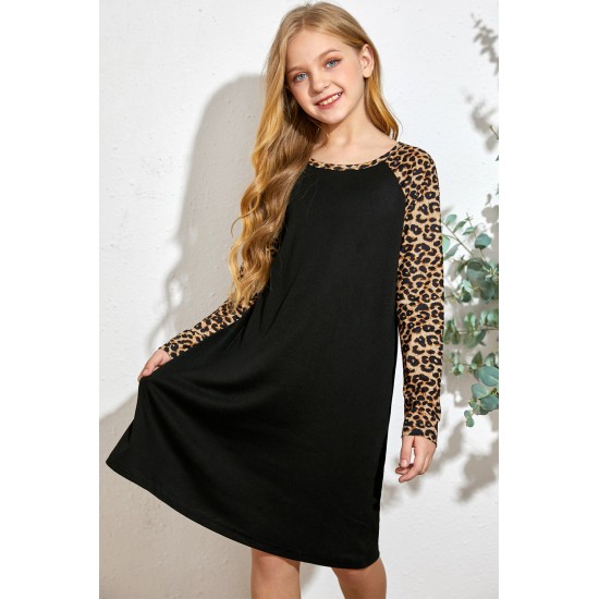 Black Leopard Patchwork Girl's Long Sleeve Dress