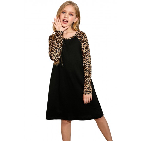 Black Leopard Patchwork Girl's Long Sleeve Dress