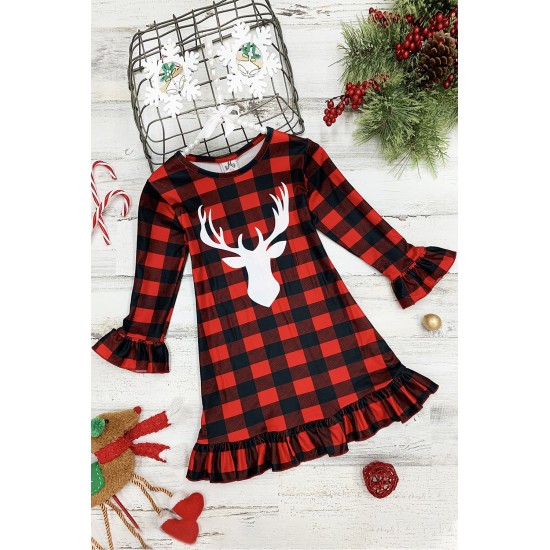 Girls Plaid Reindeer Graphic Ruffled Dress