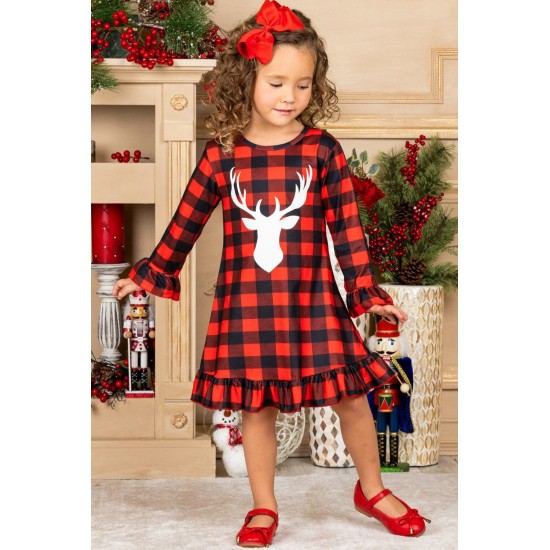 Girls Plaid Reindeer Graphic Ruffled Dress