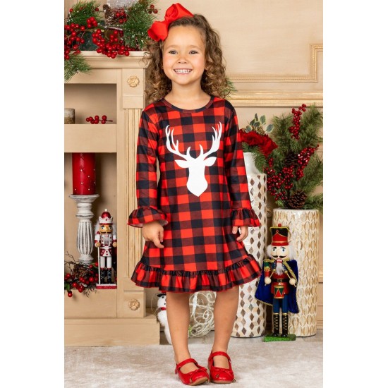 Girls Plaid Reindeer Graphic Ruffled Dress