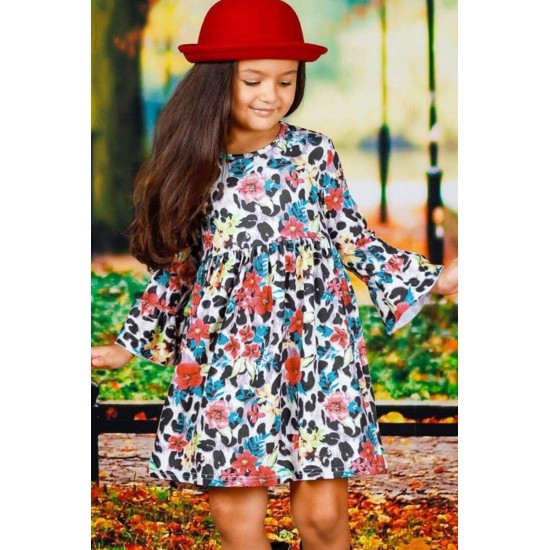 Girls Floral Leopard Long Ruffled Sleeve Dress