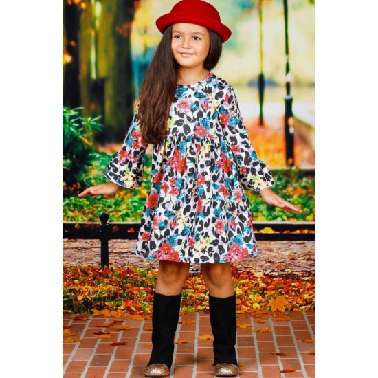 Girls Floral Leopard Long Ruffled Sleeve Dress