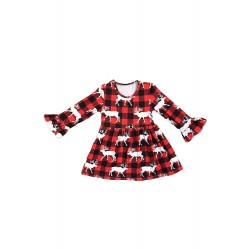 Girls Reindeer Allover Plaid Ruffled Christmas Dress