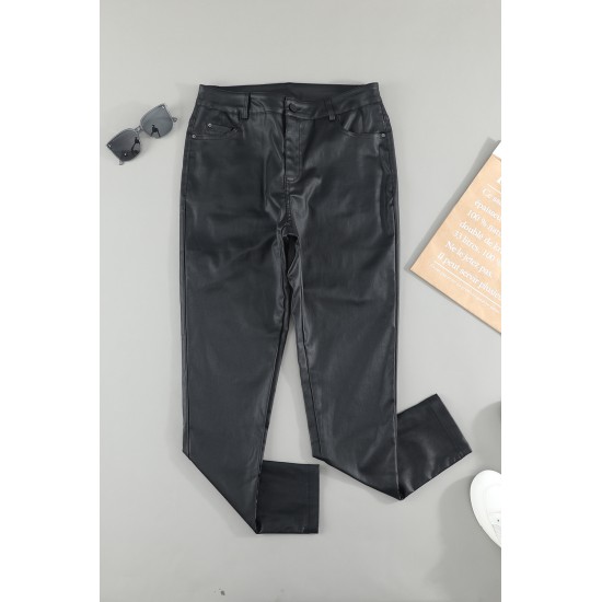 Black Leather Slim Fit Women Pants