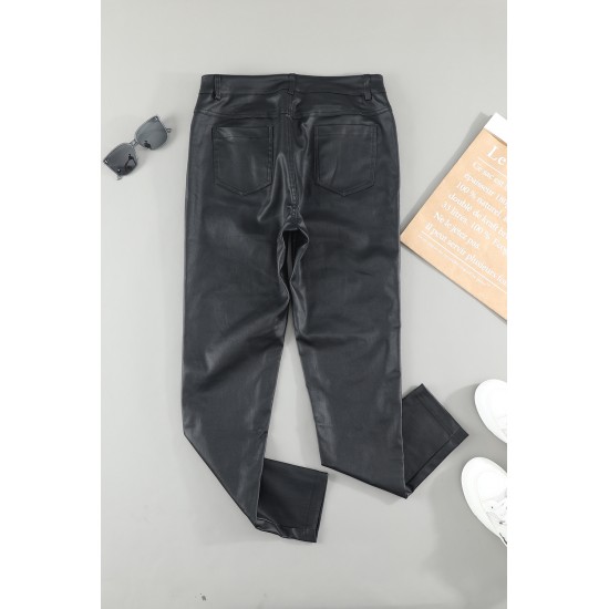 Black Leather Slim Fit Women Pants