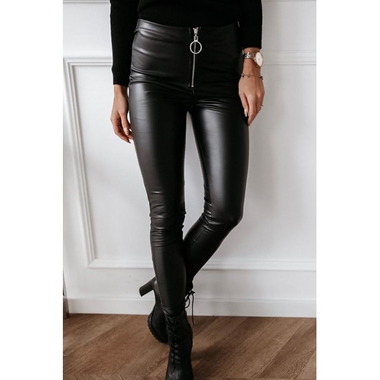 Black Solid Skinny Zipper PU Pants