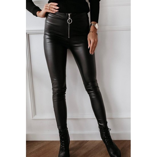 Black Solid Skinny Zipper PU Pants