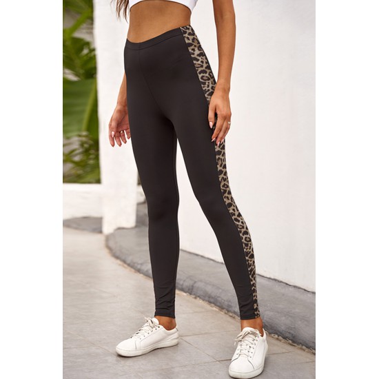 Black Leopard Splicing Mid Waist Stretchy Skinny Pants