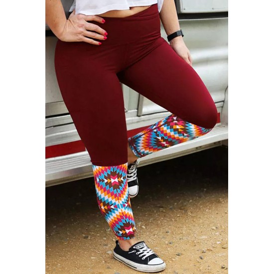 Red Aztec Splicing High Waist Plus Size Pants