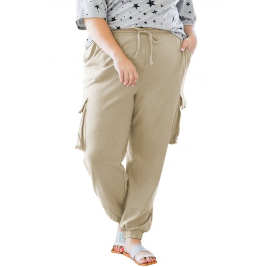 Khaki Elastic Waist Side Pocket Plus Size Jogger Pants