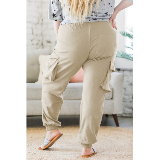 Khaki Elastic Waist Side Pocket Plus Size Jogger Pants