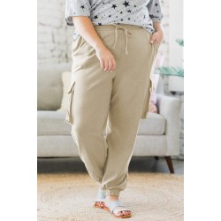 Khaki Elastic Waist Side Pocket Plus Size Jogger Pants