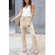 Khaki Drawstring Elastic Waist Pockets Long Straight Legs Pants