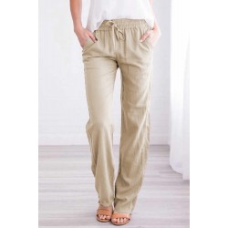 Khaki Drawstring Elastic Waist Pockets Long Straight Legs Pants