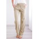 Khaki Drawstring Elastic Waist Pockets Long Straight Legs Pants