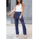 Blue Drawstring Elastic Waist Pockets Long Straight Legs Pants