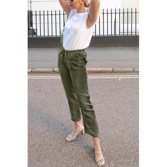 Green Drawstring Elastic Waist Pockets Long Straight Legs Pants