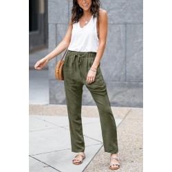 Green Drawstring Elastic Waist Pockets Long Straight Legs Pants