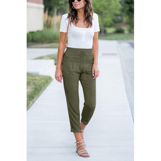 Green Drawstring Elastic Waist Pockets Long Straight Legs Pants