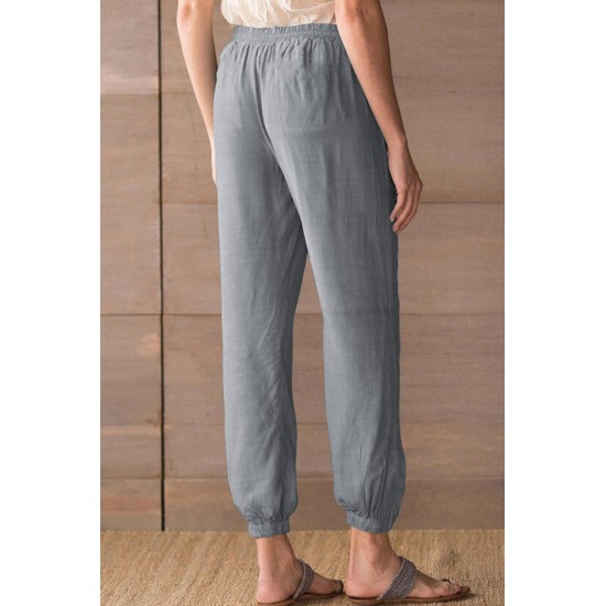 Gray Drawstring Elastic Waist Pull-on Casual Pants with Pockets