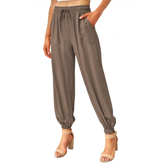 Brown Drawstring Elastic Waist Pull-on Casual Pants with Pockets