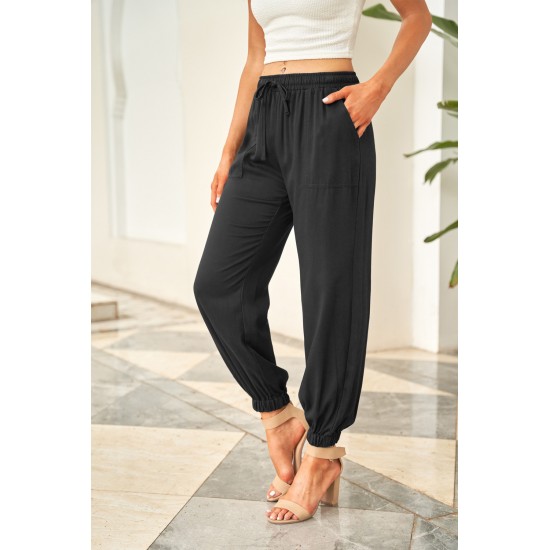 Black Drawstring Elastic Waist Pull-on Casual Pants with Pockets