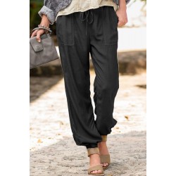 Black Drawstring Elastic Waist Pull-on Casual Pants with Pockets