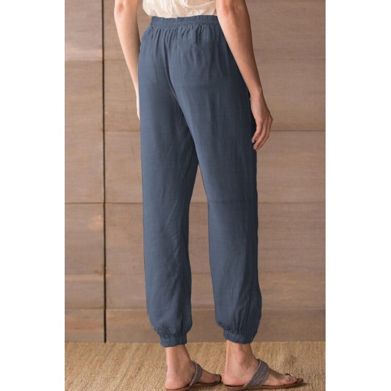 Blue Drawstring Elastic Waist Pull-on Casual Pants with Pockets