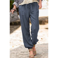 Blue Drawstring Elastic Waist Pull-on Casual Pants with Pockets