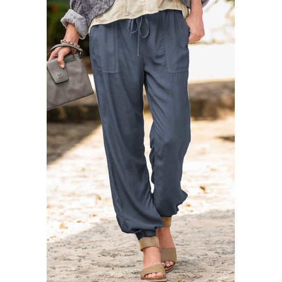 Blue Drawstring Elastic Waist Pull-on Casual Pants with Pockets