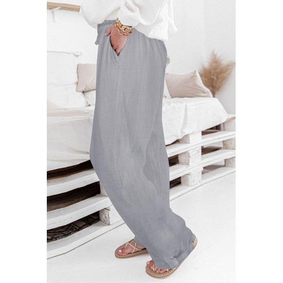 Gray High Waist Drawstring Wide Legs Casual Pants