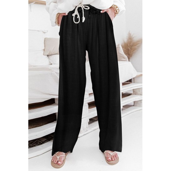 Black High Waist Drawstring Wide Legs Casual Pants