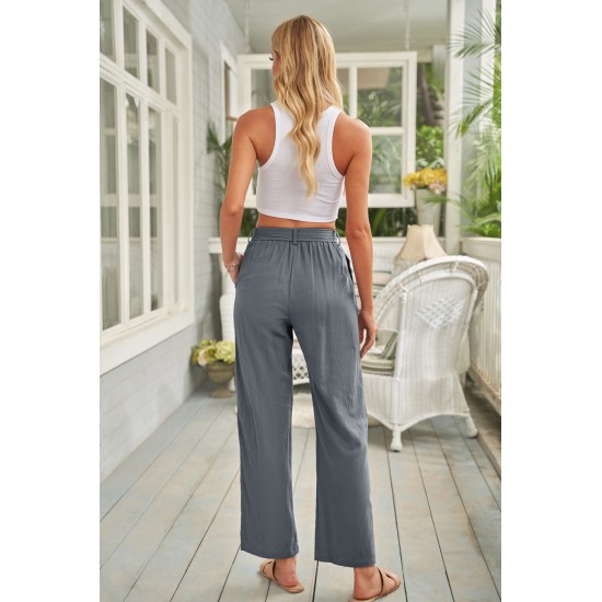 Gray Elastic Waist Drawstring Wide Leg Pants