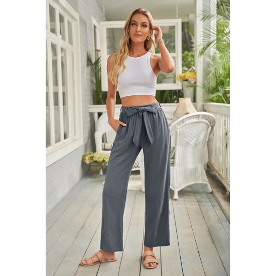 Gray Elastic Waist Drawstring Wide Leg Pants