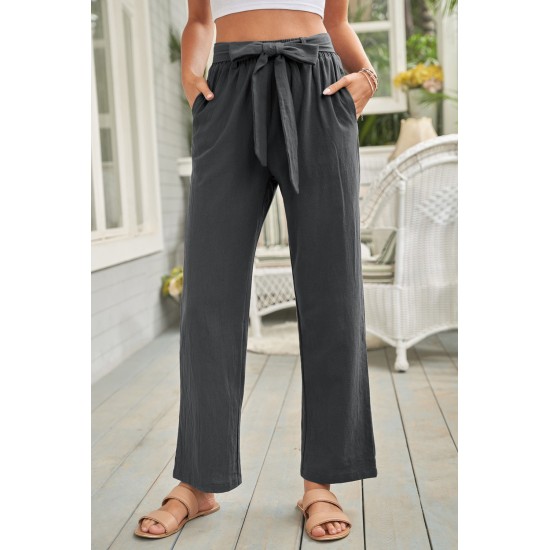 Black Elastic Waist Drawstring Wide Leg Pants