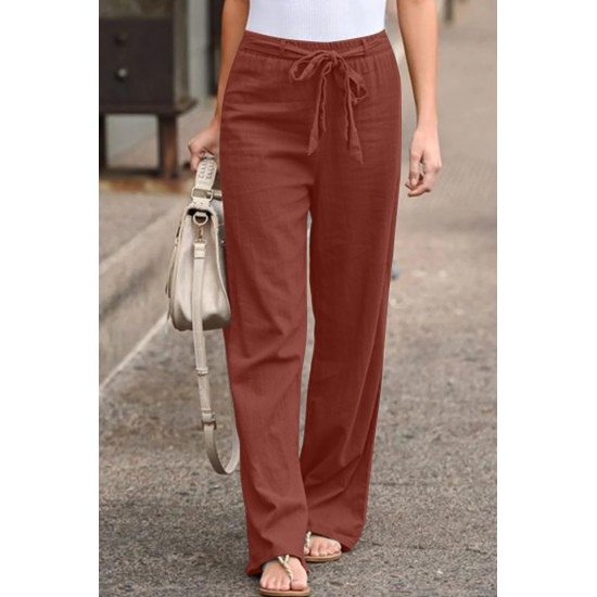 Red Elastic Waist Drawstring Wide Leg Pants